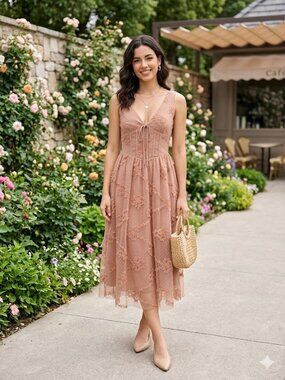 Arose Studio Liana Low V Corset Detailed Textured Elastic Midi Dress $198 OS